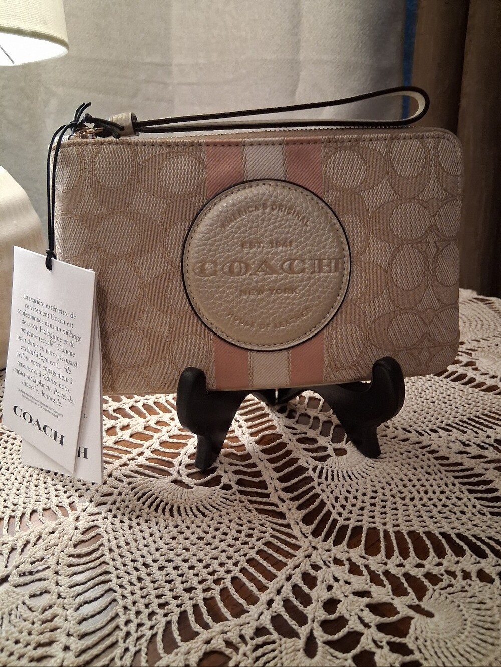 Coach Beige Gold Canvas Large Wristlet with Pink Stripe